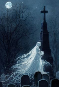 a painting of a ghost walking through a cemetery at night