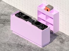 a pink shelf with two stereos in it