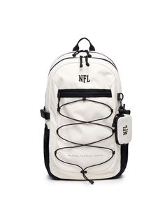 a white backpack with black laces on the front and back straps, sitting against a white background