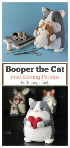 two stuffed animals with sewing supplies in the background and text reading booper the cat free sewing pattern