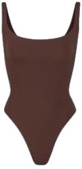 Elegant Scoop Neck Swimming Bodysuit, Solid Color Scoop Back Leotard, Brown Stretch Bodysuit, Chic Fitted Bodysuit With Moderate Back Coverage, Fitted Seamless Brown Bodysuit, Summer Brown Stretch Bodysuit, Brown Stretch Summer Bodysuit, Chic Brown Stretch Swimwear, Chic Brown Fitted Bodysuit