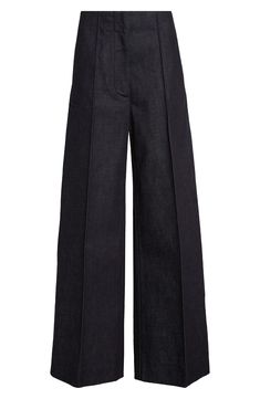 Seen on the designer's spring '24 runway, these nonstretch-denim, Hollywood-waist pants polished with pintucks are tailored in an oversized fit. 32 1/2" inseam; 25" leg opening; 13" front rise; 14 1/2" back rise (size small) Zip fly with hook-and-bar closure Side-seam pockets; back patch pockets 100% cotton Dry clean Made in the USA Designer Clothing Asian & Pacific Islander Owned/Founded Modern Cropped Leg Bottoms For Spring, Modern Denim Blue Flare Jeans For Work, Modern Flare Jeans In Denim Blue For Work, Wide-leg Denim Jeans For Work, Professional Flare Denim Jeans For Work, Elegant Flare Denim Jeans For Workwear, Dark Wash Wide Leg Work Pants With Five Pockets, Denim Cropped Wide Leg Work Pants, Modern Flare Jeans For Workwear With Belt Loops