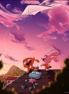 two cartoon characters standing on top of a roof next to a kite flying in the sky