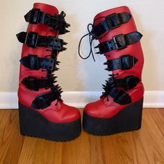 Widow Appetite For Destruction Platform Boots Cuz You're Burning It All Down To The Ground Babe! Go Off In These Wicked Platform Boots That Have Spiked Adjustable Buckles All Over, Embossed Logos On The Soles, N' Side Zip Closures. Please Note These Were Worn Once For A Photo Shoot And Have Been In Storage Since. These Have Some Dust And Minor Scuffs From Storage As Seen In Photos. These Are Sold As Is So See Photos And Ask Questions If You Have Any Edgy Red Platform Boots With Round Toe, Red Punk Platform Boots, Red Synthetic Lace-up Boots, Red Punk Platform Boots With Round Toe, Edgy Red Leather Boots, Red High-top Synthetic Boots, Dolls Kill Shoes, Go Off, Platform Boots