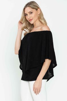 Versatile and convertible top featuring a pointed double overlay and stretchy elastic neckline. Crafted from lightweight, flowy, and breathable embroidered crinkle gauze material (no shrinkage) with a stretchy jersey inner layer. Can be styled off-shoulder, one shoulder, side shoulder, or strapless for a feminine and bohemian look. The relaxed, loose fit offers comfortable, flexible sizing and great coverage, suitable for customers of all ages. Perfect for everyday wear, casual occasions, matern Versatile Rayon Tops For Layering, Versatile Off-shoulder Top For Spring, Textured Tops For Beach, Spring Season, Textured Tops For Beach In Spring, Textured Tops For The Beach In Spring, Textured Tops For Spring Beach Outings, Textured Stretch Tops For Summer, Textured Beach Tops, Textured Summer Beach Tops