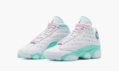 The Air Jordan 13 GS “Aurora Green” is a kids' edition of Michael Jordan’s thirteenth signature shoe with a fresh design for the summer months.  Lauded for its comfort both on and off the court, the Jordan 13 was worn by “His Airness” during his final season with the Chicago Bulls in 1997-98.  This colorful take features a bright Aurora Green felt base with white leather paneling and pink, green, and blue stitching accents.  An embroidered blue Jumpman covers the tongue while a pink Jordan Brand He Got Game, Jordans Girls, Jordan Shoes Girls, Jordan Shoes Retro, All Nike Shoes, Shoes Sneakers Jordans, Nike Air Shoes, Cute Nike Shoes, Got Game