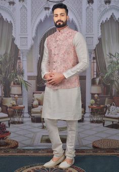 White Kurta With Nehru Jacket For Men, White Kurta Pajama With Jacket, White Kurta Pajama With Nehru Jacket, Pink Saree Matching Suit For Men, Kurta For Boys Men, Kurta And Waist Coat For Men, Pink Kurta Pajama Men, Boys Engagement Outfit Indian, Engagement Attire For Men