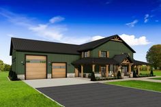 this is an artist's rendering of a house in the country style with two garages