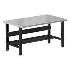 a metal table with two shelves on the bottom and one shelf below it that is black