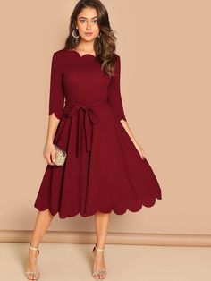 Scallop Trim Fit & Flare Dress With Belt | EMERY ROSE Midi Pencil Dress, Scallop Trim, Ladies Dresses, Pencil Dress, Womens Midi Dresses, Fit Flare Dress, Fit & Flare, Long Tops, Flare Dress