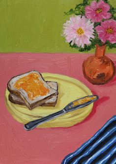 a painting of bread and flowers on a yellow plate with a blue striped napkin next to it