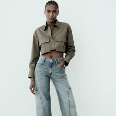 Mid Rise - Cargo - Full Length Mid Rise Jeans With Front Pockets, Leg Patch Pockets, And Back Flap Detail. Front Zip And Metal Button Closure. Blue 5520/241 Jeans With Front Pockets, Zara Jumpsuit, Cargo Jeans, Zara Pants, Mid Rise Jeans, Metal Buttons, Pant Jumpsuit, Mid Rise, Versace