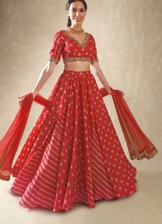 Hibiscus Red Satin Bandhani Lehenga Set Renee - Fabilicious Fashion Bandhani Lehenga, Lehenga Ideas, Pearl Mirror, Satin Lehenga, Hibiscus Red, Indian Outfits Lehenga, Lehenga Blouse Designs, Choli Designs, Red Lehenga