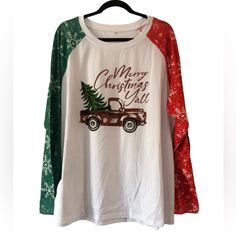 * New In Package * Merry Christmas Y’all Truck Tree O-Neck Baseball T-Shirt Long Raglan Sleeve Top * Women’s Size 2x * See Photos For Fabric And Care. * Raglan Style Tee With Red And Green Snowflake Sleeves. Vintage Pickup Truck & Tree Graphic At Front. * Measurements: Pit To Pit (Flat Lay) Approximately 26”, Sleeve Length (Estimated- No Seam) Approximately 24”, Total Length Approximately 28” Casual Long Sleeve Christmas T-shirt, Casual T-shirt For Fall Holiday, Casual Fall Holiday T-shirt, Casual Fall Holiday Tops, Casual Red Christmas Tops, Casual Crew Neck Tops From Amazon, Casual Amazon Crew Neck Tops, Casual Amazon Short Sleeve Top, Casual Holiday Crew Neck Tops