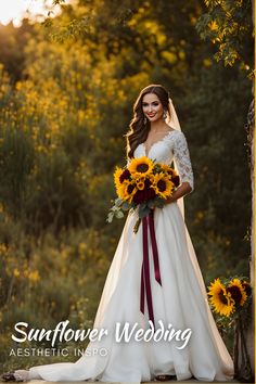 a beautiful woman in a wedding dress with sunflowers on her shoulder and holding a bouquet