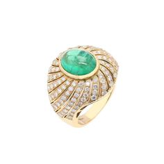 This is part of Chairish’s Fine Jewelry assortment.  Emerald Cocktail Ring in 18K Gold with Diamonds which perfectly goes with your personality and also helps you to improve your creativity. Designed with big emerald in center with diamonds making a dome that makes it a perfect fit to wear it on your wedding or style it with any of your basic outfit to give it a glam.  PRODUCT DETAILS :-  Material - 18K Solid Yellow Gold Gemstone - Emerald Gemstone Weight - 4.38 ct Gemstone pcs - 1 Gemstone shap Luxury Emerald Cabochon Ring With Diamonds, Luxury Oval Green Dome Ring, Luxury Green Dome Ring For Formal Occasions, Elegant Green Domed Rings, Elegant Domed Emerald Ring, Elegant Round Emerald Dome Ring, Elegant Emerald Dome Ring, Elegant Green Gemstone Dome Ring, Luxury Green Domed Ring