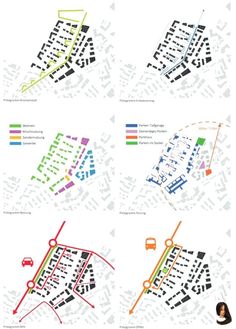 four maps showing the locations of different streets and roads in each city, with colorful lines on