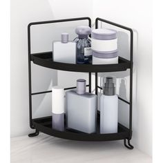 two tiered shelf with soap and lotion on it