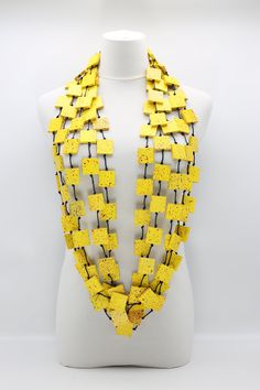 RECYCLED WOOD SQUARES NECKLACES YELLOW GRAFFITI - LARGE - Jianhui London Yellow Graffiti, Square Necklace, Wood Square, Recycled Wood, Cotton Cord, Strand Necklace, Graffiti, Recycling, Necklaces