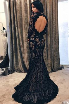 Black Mermaid Jewel Sleeve Lace Open Back Evening Dress Long Prom Gown - Prom Dresses Open Back Prom Dress, Black Lace Prom Dress, Evening Dress Long, Prom Dresses Long Lace, Black Mermaid, Long Prom Gowns, Long Sleeve Prom, Lace Prom Dress, Piece Prom Dress