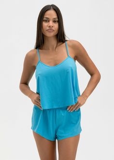 Relaxed Fit Sleeveless Top
Adjustable Spaghetti Straps
Cheeky Short With Elastic Waist
Ultra Soft - Premium Modal Fabric
2.5" Inseam
55% Cotton 37% Modal 8% Spandex Stretch Sleepwear With Built-in Bra For Summer, Summer Sleepwear Camisole With Built-in Bra, Casual Cami Sleepwear With Built-in Bra, Light Blue Summer Tank Top With Built-in Bra, Blue V-neck Camisole With Adjustable Straps, Summer Loungewear Tank Top With Adjustable Straps, Summer Tank Top With Adjustable Straps For Loungewear, Summer Camisole With Adjustable Straps For Loungewear, Blue V-neck Tank Top With Built-in Bra