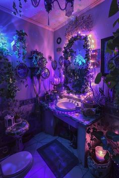 a bathroom decorated in purple and green with plants on the wall, lights above the sink