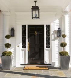 a black front door with two planters on either side and a light hanging above it