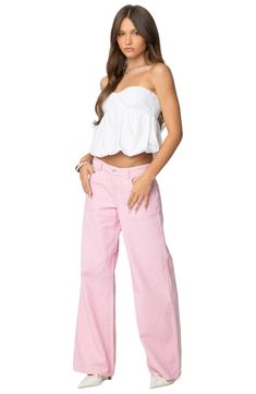 Look fab in these nonstretch jeans boasting a sweet pink wash and slouchy wide legs for laid-back attitude. Zip fly with button closure Five-pocket style 100% cotton Machine wash, line dry Imported Pink Flare Denim Jeans, Pink Flare Denim Bottoms, Trendy Mid-rise Cotton Wide Leg Pants, Pink Relaxed Fit Denim Pants, Mid-rise Pink Flare Jeans With Five Pockets, Trendy Relaxed Fit Flare Pants, Casual Flared Wide Leg Pants For Spring, Trendy Wide Leg Flare Pants With Relaxed Fit, Trendy Flare Wide Leg Cotton Pants