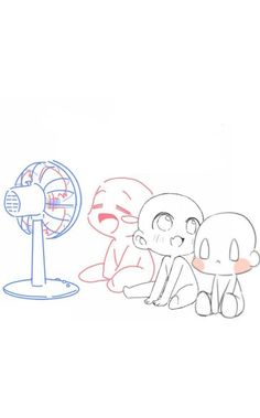 two cartoon characters sitting next to each other in front of an air conditioner and fan