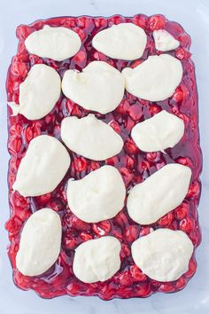 red and white dessert in a glass dish