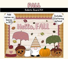 the fall bulletin board kit includes pumpkins, hats and an umbrella