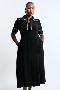 Feel Confident In Our Plus Size Midi Dress, With A Shirt Style Design Featuring A Formal Collar, And A Long, Flared Skirt. Style It With Block Heels Or Ankle Boots For A Look Perfect For Office Days, Then Wear It With Heeled Boots Or Strappy Heels For An Evening Look. Plus Size Fluid Tailored Tipped Full Skirted Midi Dress Flattering Fit And Flare Silhouette Unique Contrasting Trim Details High Neckline Unique Collar Detailing Relaxed, Flared Skirt Zip Front Fastening Expertly Designed For Those Fit And Flare Dress Casual, Plus Size Formal Wear, Plus Size Office Wear, Flattering Plus Size Dresses, Plus Size Red Dress, Petite Wedding Guest Dresses, Plus Size Midi Dress, Long Flared Skirt, Plus Size Workwear