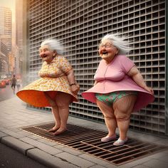 two older women standing on top of a grate in front of a city street