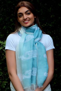 Steel Blue And White Ombre Linen Scarf With White Lace Appliques Black Wool Scarf, Spring Collection Fashion, Copper Lace, Ombre Scarf, Light Steel Blue, Linen Scarf, White Ombre, Linen Scarves, Designer Scarves