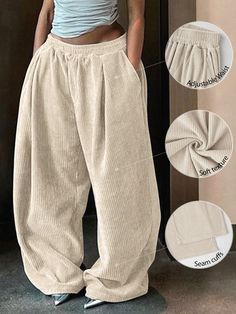 Women's Solid Color Simple Adjustable Waist Casual Baggy Pants Beige Casual   Polyester Letter,Plain Straight Leg Slight Stretch All Women Clothing, size features are:Bust: ,Length: ,Sleeve Length: Summer Y2k Outfits, Pleated Wide Leg Pants, Mid Waist Pants, Media Screen, Baggy Clothes, Y2k Outfits, Baggy Pants, List Style, Autumn Fashion Women