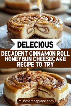 two different views of cinnamon roll cheesecakes with the words delicious on top and bottom