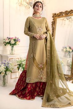 Tehzib | Pakistani Designer Outfit | Sarosh Salman Gharara Designs, Floral Motives, Met Gala Dresses, Pakistani Designer Clothes, Resham Work, Pakistani Party Wear, Pop Of Red, Beautiful Pakistani Dresses, Embroidered Border