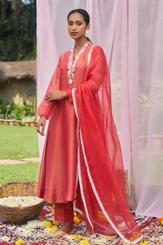 Red Floor-length Churidar With Sheer Dupatta, Semi-stitched Tissue Silk Anarkali Set With Straight Kurta, Anarkali Salwar Kameez With Sheer Dupatta In Raw Silk, Traditional Cotton Silk Churidar With Sheer Dupatta, Elegant Red Churidar With Sheer Dupatta, Designer Red Churidar With Sheer Dupatta, Long Anarkali Set With Resham Embroidery In Chanderi, Long Chanderi Anarkali Set With Resham Embroidery, Chanderi Churidar With Sheer Dupatta And Straight Kurta