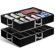 two black storage boxes with compartments for shoes and other items on top of one another