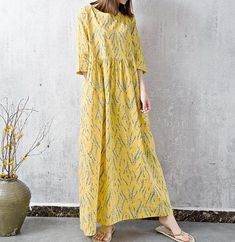 Women maxi dress linen dress maxi long dress elegant dress | Etsy Printed Long Sleeve Relaxed Fit Dress, Yellow Relaxed Fit Dress For Summer, Long Casual Shift Dress, Casual Free Size Short Sleeve Maxi Dress, Casual Printed Tunic Maxi Dress, Casual Tunic Maxi Dress For Spring, Cotton Shift Dress With Maxi Length, Green Cotton Shift Dress, Casual Yellow A-line Maxi Dress