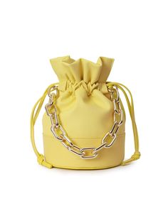 Editor's NotesVIVICHO's bag is simple and perfect for daily wear.- Light-weighted- Eye-catching wrinkle shirring detail- Replaceable chain strap- Drawstring closure- Adjustable shoulder strap- Feminine and unique style*Chain strap is for additional purchaseMeasurements(in.)- Size: 6.69in. (W) / 9.06in. (L) / 6.69in. (D)- Chain Strap: 14.96in.- Shoulder Strap: 42.13in. ~ 46.85in.- Weight: 8.47oz.Composition & Care- Synthetic leather- Avoid direct heat and moisture- Use a dry cloth to remove m Luxury Yellow Double Handle Bucket Bag, Spring Bucket Shoulder Bag With Gold-tone Hardware, Chic Yellow Bag With Chain Strap, Yellow Bucket Bag With Gold-tone Hardware, Chic Crossbody Bucket Bag With Chain Strap, Yellow Leather Bag With Chain Strap, Chic Bucket Bag With Chain Strap For Travel, Chic Everyday Bucket Bag With Chain Strap, Chic Yellow Pouch Bucket Bag