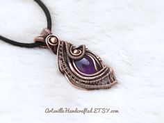 "Wire Wrapped Amethyst Pendant, Empath Protection Amethyst Necklace, Elven Jewelry, Protection Amulet Necklace, Healing Amethyst Gift for Her Unique Handmade Artisan Jewelry !! Original Designs by ArtsvilleHandcrafted If you love unique designs and Amethyst then...this beauty is perfect for you!! This piece has a gorgeous Amethyst and is created with Pure Copper Wires. IMPORTANT Select your choice of length for the necklace. All Jewelry is Gift Wrapped!! And dispatched within 1-2 working days. I Purple Amethyst Amulet Jewelry, Empath Protection, Elven Jewelry, Amethyst Healing, Protection Amulet, Amulet Necklace, Amethyst Necklace, Amethyst Pendant, Empath