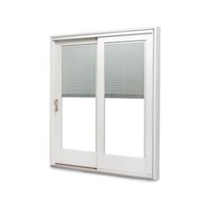 an open sliding glass door with blinds on the outside and inside windows in white, isolated against a white background