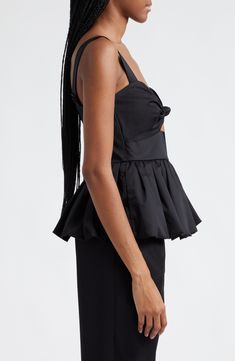 This crisp stretch-poplin tank is crafted with an airy front cutout and a flouncy peplum. 24" length (size 8) Sweetheart neck Sleeveless Lined Smocked back 97% cotton, 3% spandex Dry clean Imported Sleeveless Ruffled Peplum Top For Party, Sleeveless Peplum Top With Ruffles For Party, Fitted Peplum Top With Ruffle Hem For Summer, Chic Sleeveless Peplum Top For Party, Fitted Tank Top With Ruffle Hem And Straps, Spring Fitted Tank Top With Cutouts, Fitted Peplum Tank Top For Spring, Elegant Summer Tops With Cutout Details, Spring Sleeveless Cutout Tank Top