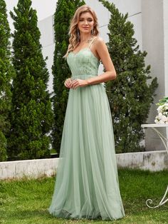 Paillette A-Line Tulle Bridesmaid Dress with Cross-Back Straps #color_Mint Green Mint Green Bridesmaids, Mint Green Prom Dress, Mint Green Bridesmaid Dresses, Tulle Bridesmaid, Skin Undertones, Tulle Bridesmaid Dress, Mint Dress, Ever Pretty, Flowing Skirt