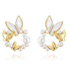 PRICES MAY VARY. 🦋GOLD BUTTERFLY HOOP EARRINGS🦋The enchanting golden butterfly pearl hoop earrings captivate with their unique design. The entire earring takes on a mesmerizing circular shape, adorned with three lifelike golden butterflies arranged in different sizes, as if gracefully dancing in a floral setting. The circular accessory is embellished along the edges with various-sized imitation pearls, presenting a noble and elegant appearance. 🦋TRENDY GOLD PEARL HOOP EARRINGS🦋The diverse de Jewelry Set Design, Spring Earrings, Pearl Hoop Earrings, Gold Butterfly, Beaded Hoop Earrings, Beaded Hoops, Special Jewelry, Butterfly Earrings, Gold Pearl