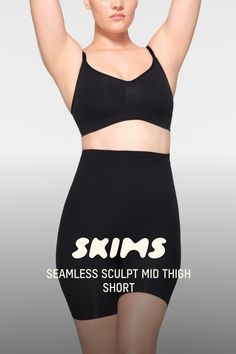 Your shortcut to an unmatched snatch. With its strong tummy and waist control and extra compression along the back thighs for a lifted look, our signature smoothing solution contours for your ultimate layer of confidence under it all. Features large round butt pockets for definition, an interior silicone underband to prevent rolling, and an open gusset. Fits true to size. | SKIMS Mid Thigh Short | Black | 4XL | Seamless Sculpt Mid Thigh Shorts, Black Xs, Black Media, Shapewear, Lounge Wear, Confidence, Black