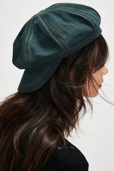 This vintage-inspired lieutenant cap is the perfect go-with-everything accessory. **Features:** Fitted style, textured denim fabrication, stitched detailing, slouchy top, and a short brim **Why We | Bowery Slouchy Lieutenant Hat by FP Collection at Free People in Blue Casual Visor Beret For Spring, Spring Casual Visor Beret, Casual Cotton Beret For Spring, Casual Spring Visor Beret, Casual Blue Beret For Fall, Spring Flat Cap For Everyday Wear, Spring Denim Flat Cap, Vintage Denim Blue Hats For Spring, Grunge Hats