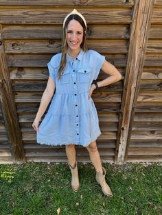 Introducing the Shania Button Down Denim Dress, the perfect mix of country style and rodeo fashion. Available in three color options (hot pink, blue denim, and sage), this denim dress features a classic collar, cuffed sleeves, and chest pockets. Dress it up or down, this dress is a must-have for any fashion-forward cowgirl. Yeehaw! Color: Blue Model is 5'6", 125 lbs, and is wearing a small! True to Size. Material: 100% Polyester Button Down Denim Dress, 125 Lbs, Rodeo Fashion, Three Color, Cuff Sleeves, Country Style, Rodeo, Denim Dress, Blue Dresses