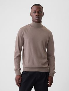 Soft Merino wool turtleneck sweater.  Turtleneck.  Long sleeves.  Responsible Wool Standard certified.  Fit: Classic.  A straight & easy fit.  Hits at the hip.  Models are 6′1″–6′2″ 185 cm–188 cm) with a 31″ 79 cm) waist & 32–33″ 81 cm–84 cm) inseam & are wearing Gap Tan Turtleneck Outfit Men, Tan Turtleneck Outfits, Turtleneck Outfit Men, Plymouth Rock, Wool Turtleneck Sweater, Turtleneck Outfit, Sweater Turtleneck, Turtle Neck Jumper, Wool Turtleneck